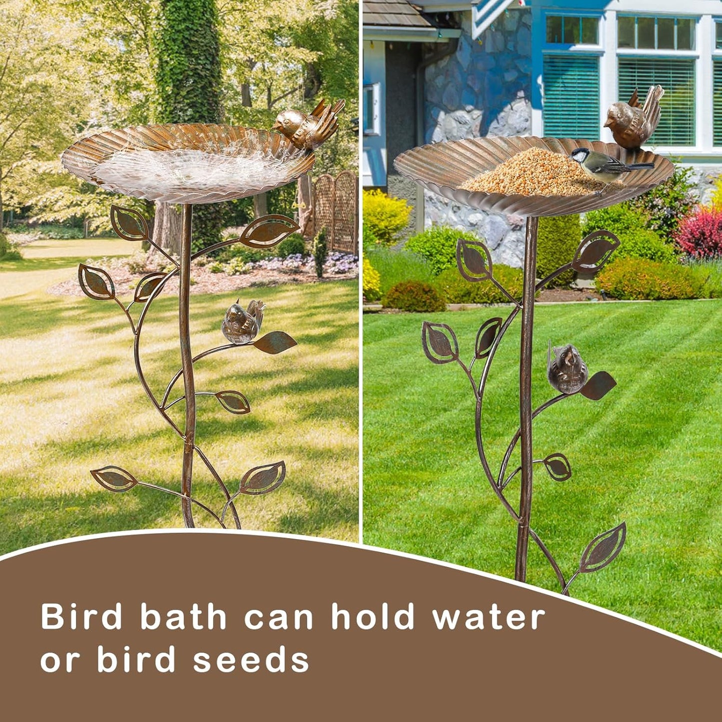 VCUTEKA Bird Baths for Outdoor, Metal Garden BirdBath with Bird Statue and Detachable Bird Bath Bowl for Yard Patio Lawn Decor, Brown