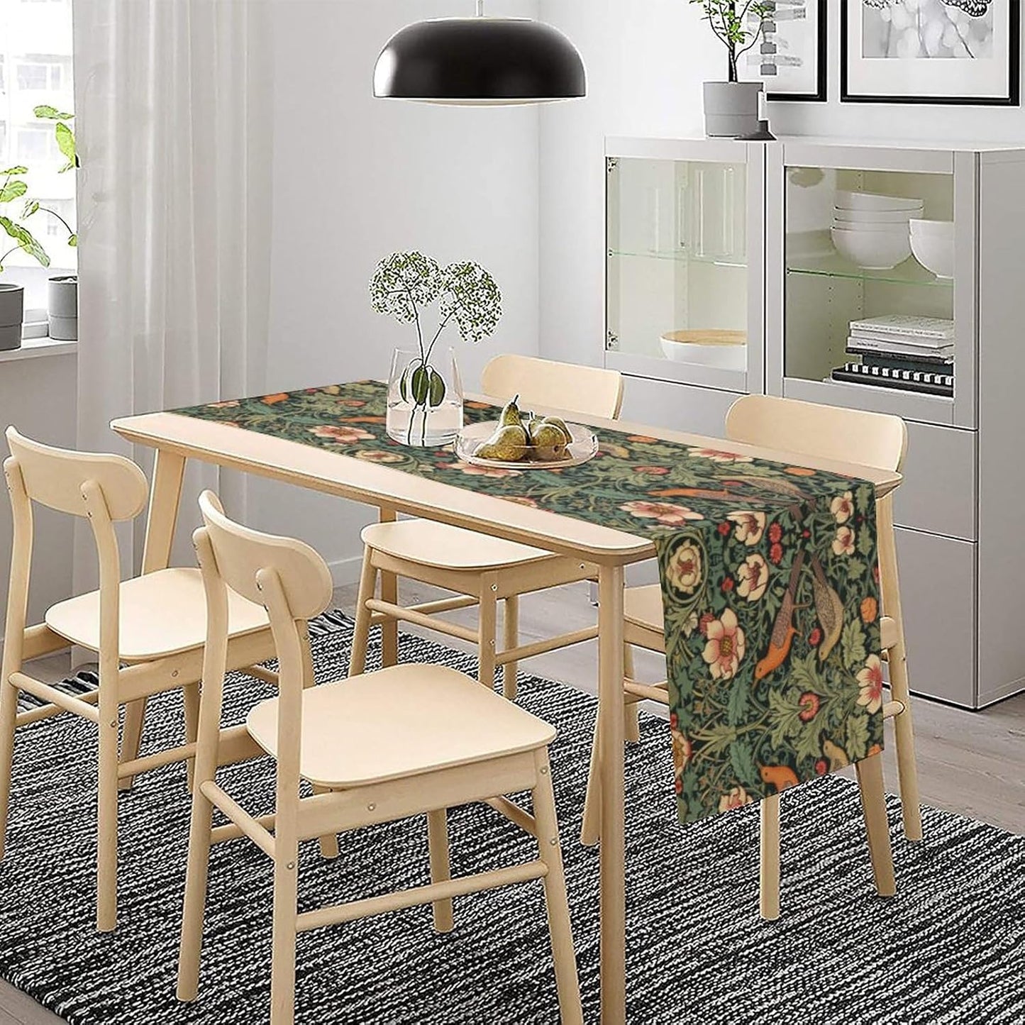 William Morris Table Runner, Vintage Rustic Green Old Flower Flower Plant Leaf Nature Bird Table Decor Tabletop Dining Kitchen Wedding Party 13x90 Inch