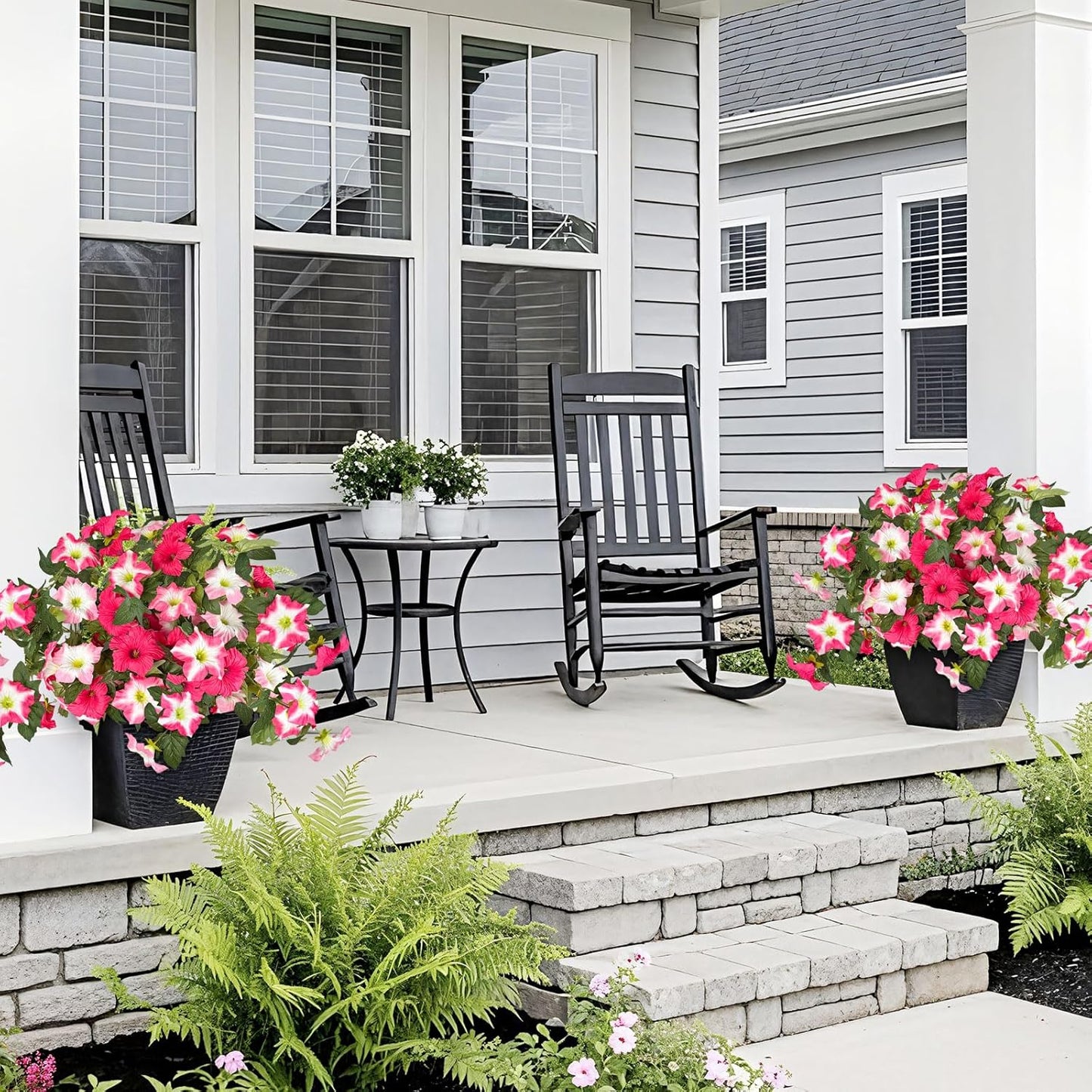 ICX 2PCS Faux Petunias Silk Flower UV Resistant, Artificial Outdoor Flowers, Realistic Artificial Flowers for Outdoors, Pot, Front Door, Porch, Yard, Patio, Window Box, Hanging Basket (Rosy Red