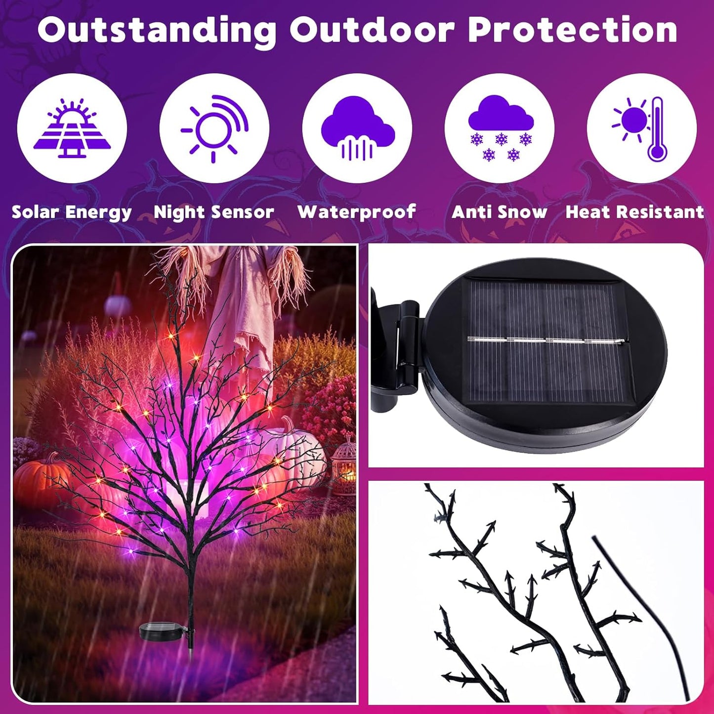 Halloween Solar Pathway Lights 2PCS, Halloween Outdoor Decorations, Artificial Tree Waterproof LED Lights for Lawn Yard Garden Driveway Porch Walkway, Auto On/Off