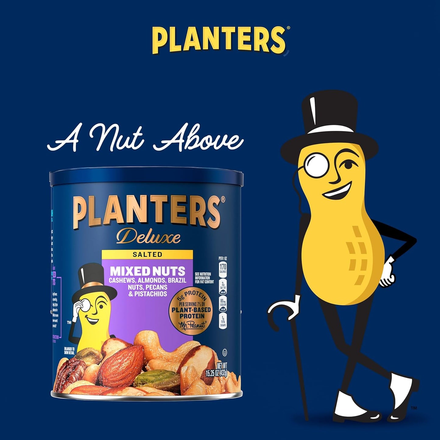 PLANTERS Deluxe Mixed Nuts - Roasted Cashews, Almonds, Brazil Nuts, Pistachios, and Pecans, Plant-Based Protein, Quick Snack, 15.25oz Canister