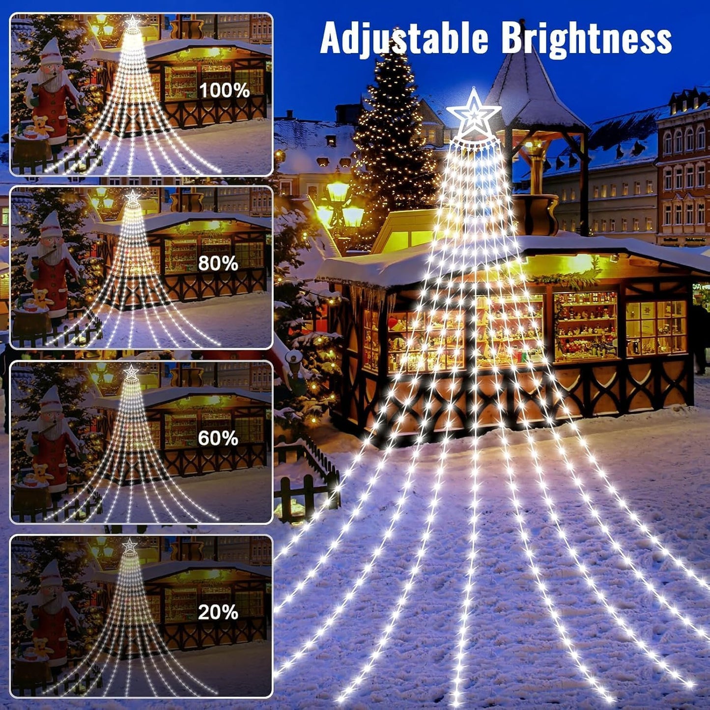 HELESIN Solar Outdoor Christmas Decorations Lights, 350LED Christmas Star Tree Light wth Remote Control, 8 Modes Waterfall Lights USB Charge for Holiday Xmas Tree Patio Yard Decor, Cold White