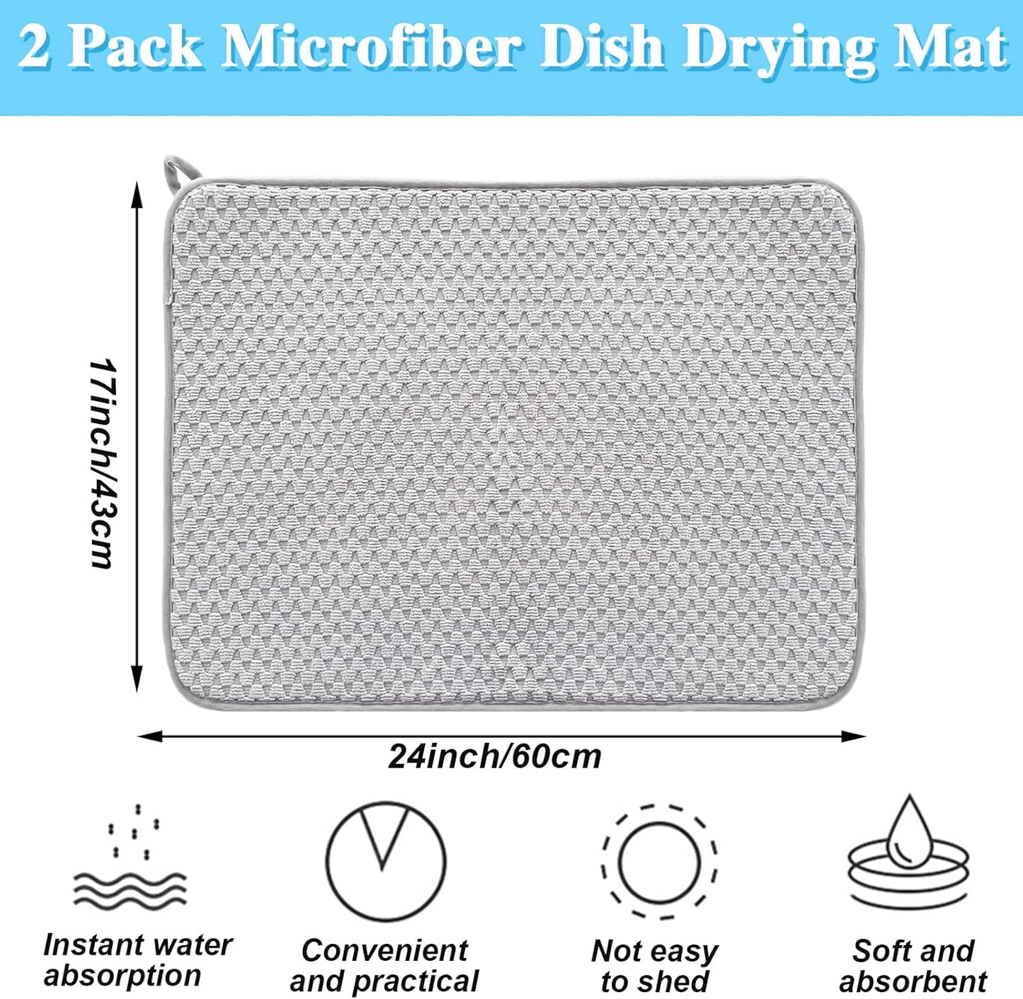 2 Pack Microfiber Dish Drying Mat,24*17 inch Absorbent Dish Drainer Kitchen Counter,Large Size Dish Drying Pad for Countertops,Sinks,Draining Racks(Gray)