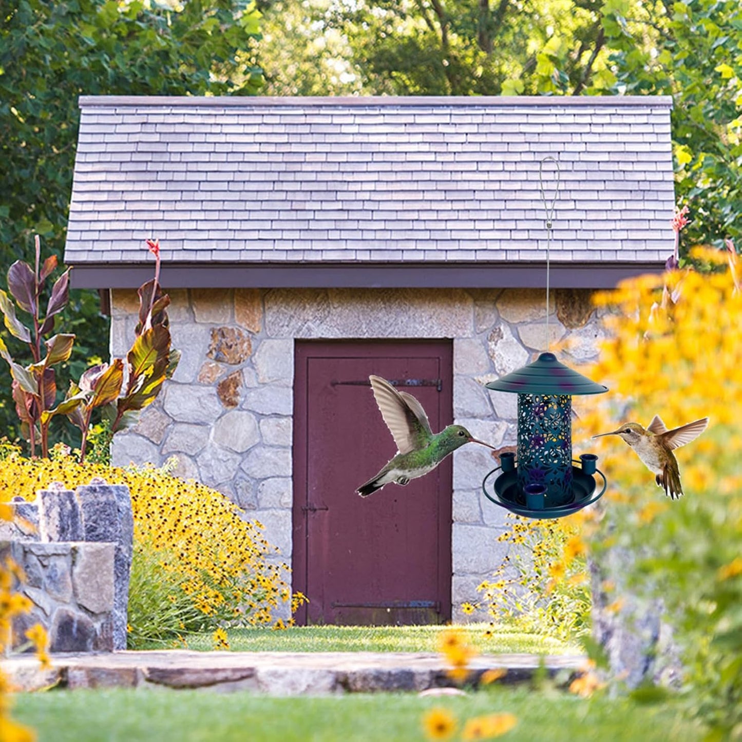Bird Feeders Water Cup Bird Feeders Large Capacity Feeding Stations Tray Hanging Seed Platform Metal Tray, Blue