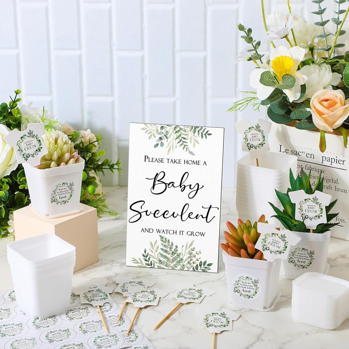 Zhehao 151 Pcs Baby Shower Succulents Favors for Guests Include 1 Safari Greenery Baby Shower Sign 50 Succulent Tags 50 Succulent Pots Planter 50 Stickers for Gender Reveal Gift(Potted Plant Style)