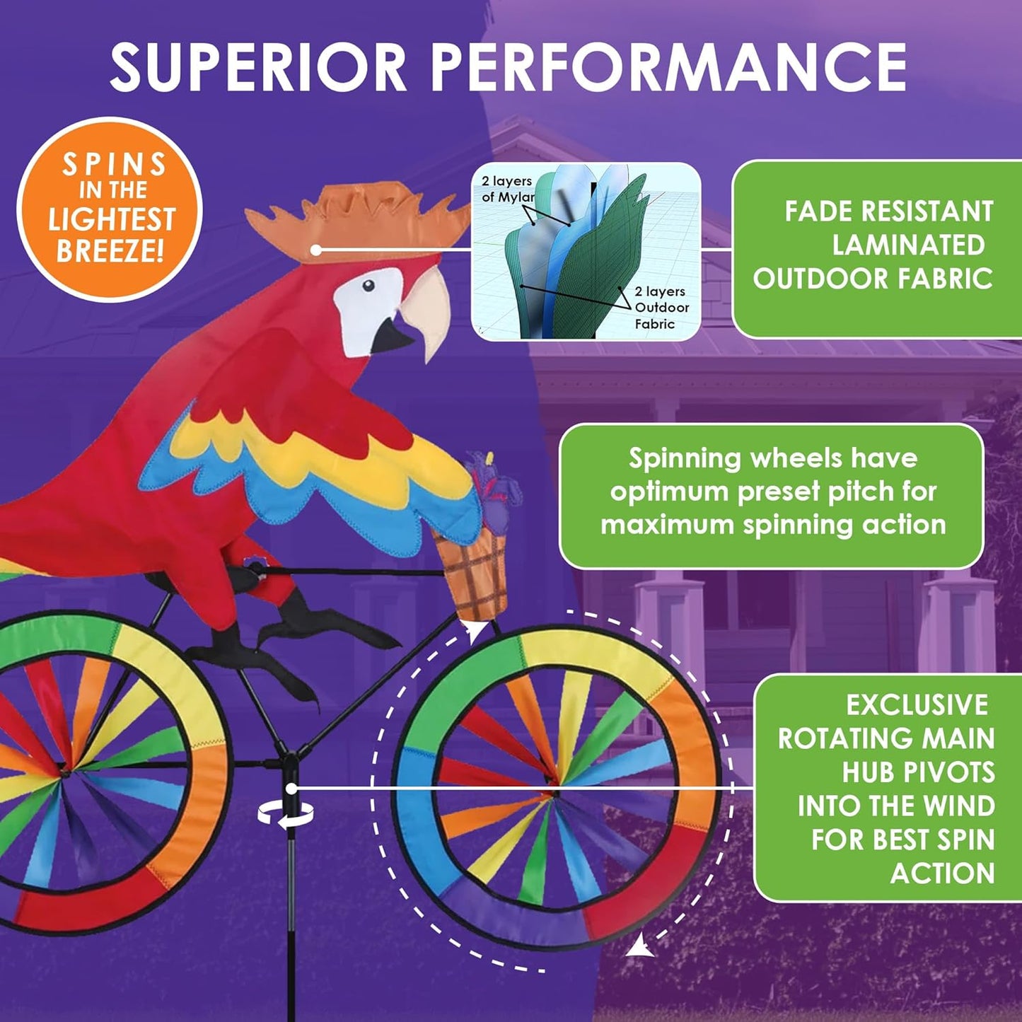 Bike Spinner Parrot 30" – Tropical Bird Design, Weather-Resistant Outd