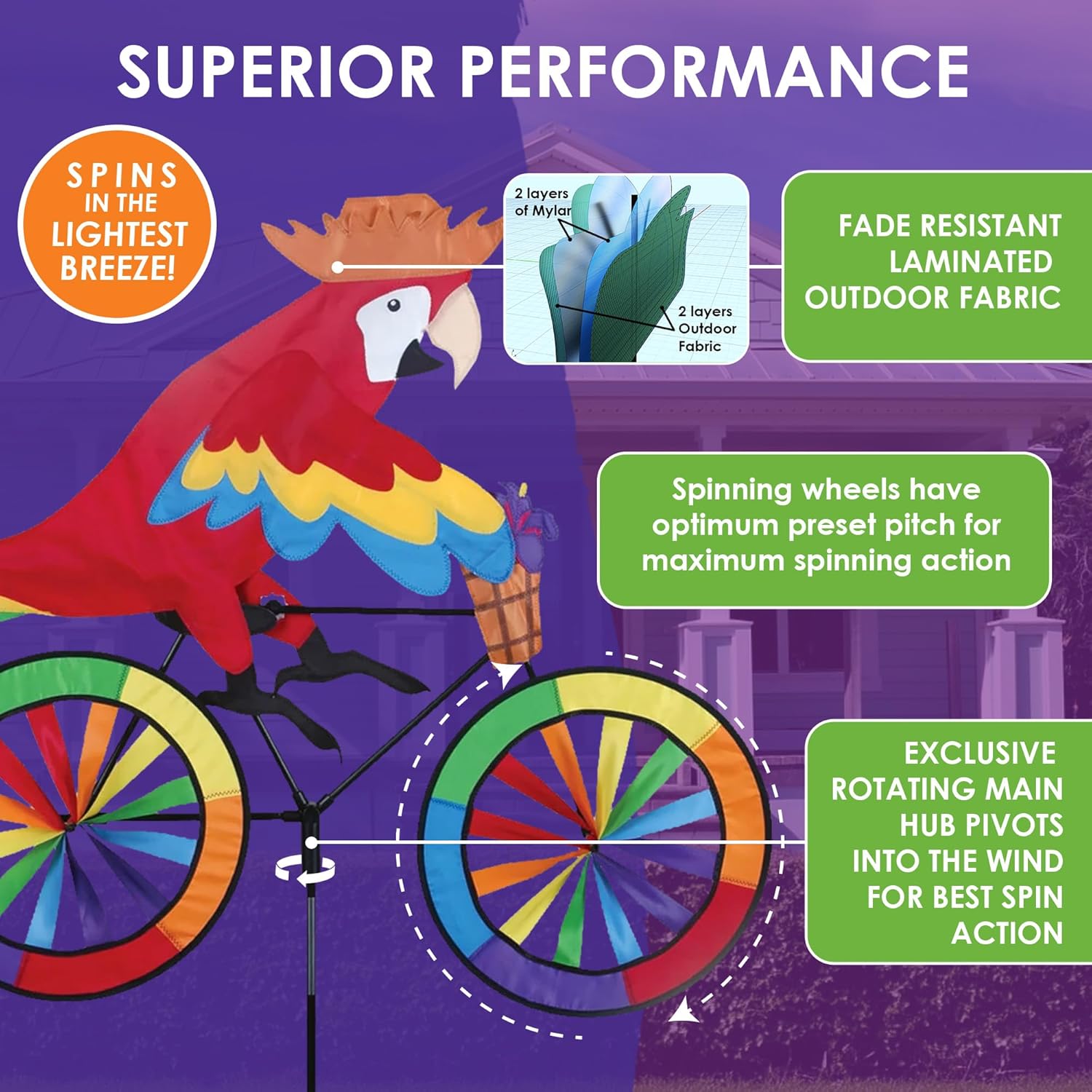 Bike Spinner Parrot 30" – Tropical Bird Design, Weather-Resistant Outd