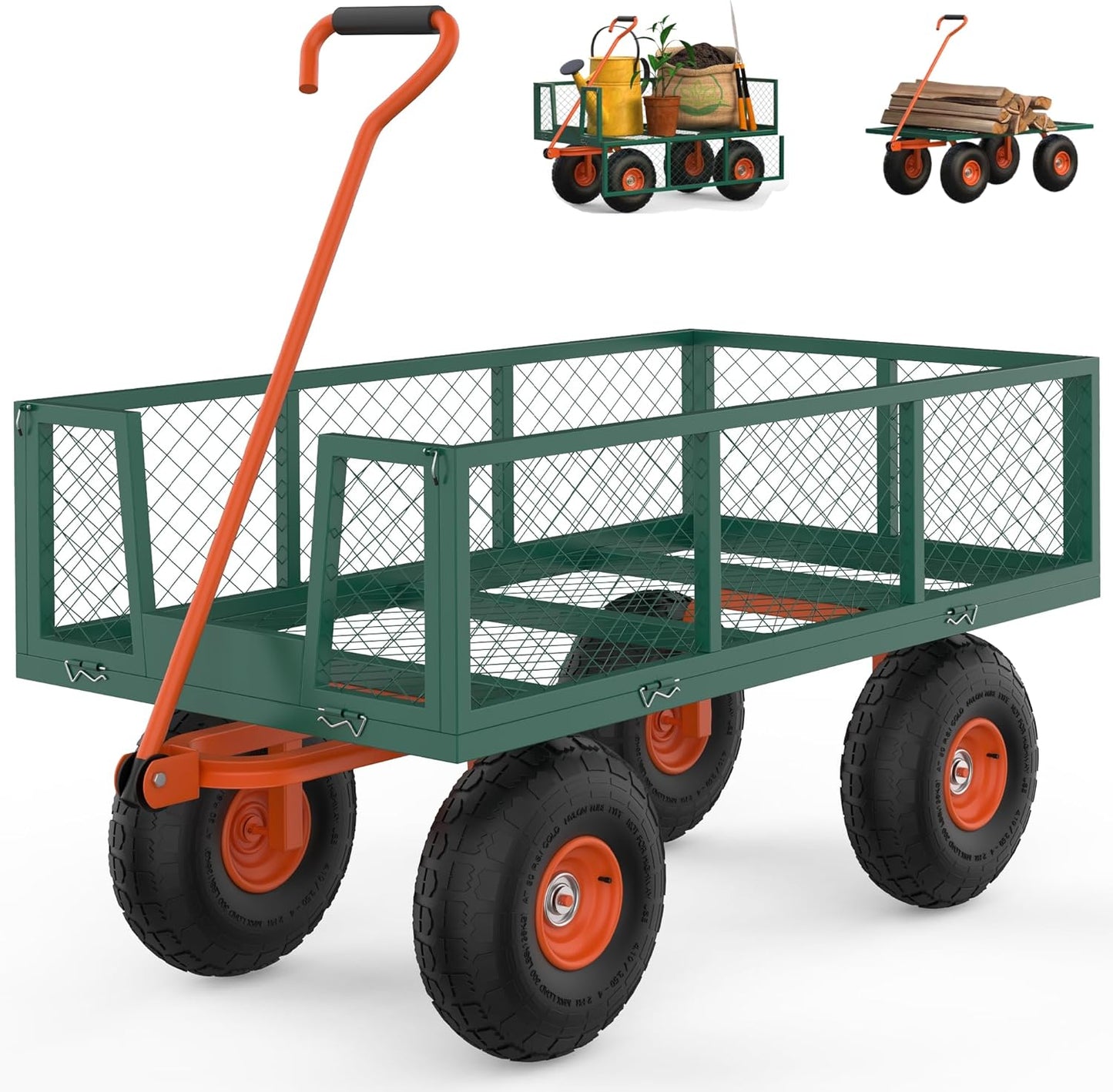 Steel Garden Cart, 500 LBS, 3 in-1 Folding Utility Wagon with Removable Sides, 10 in Tires, 180° Rotating Handle for Outdoor, Farm, Lawn and Garden, Heavy Duty Flatbed, Green & Orange