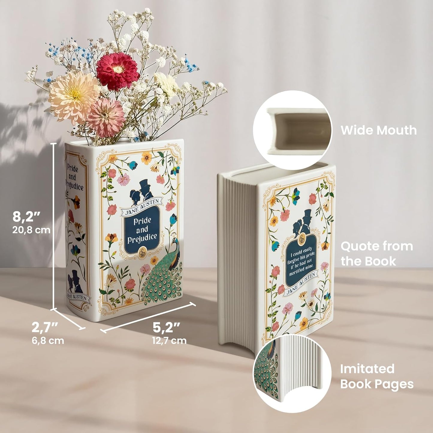 H&H Pride and Prejudice Book Vase for Flowers + Bookmark - Large Ceramic Book Planter Pot - Jane Austen Bookish Decor - Pride and Prejudice Gifts - Bookshelf Vase for Flowers - 2025 Edition