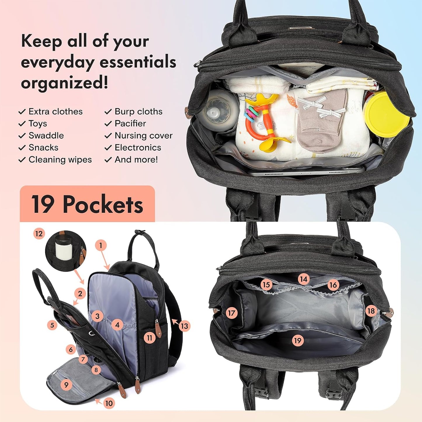 Dikaslon Diaper Bag Backpack with Portable Changing Pad, Pacifier Case