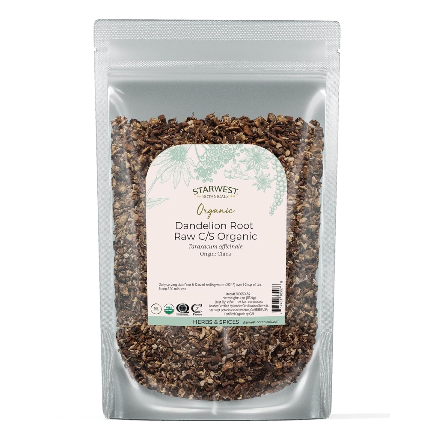 Starwest Botanicals Organic Raw Dandelion Root - Loose Leaf Herbal Tea, Cut & Sifted, Certified Kosher, Non-GMO, Caffeine-Free - 4 oz Pouch