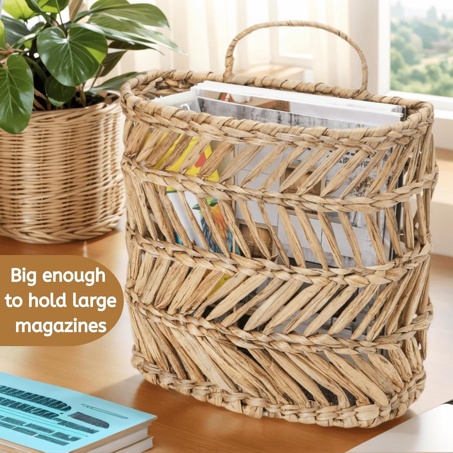 YOUEON Large Woven Hanging Storage Basket, 12x5x14 Inch Natural Water Hyacinth Wall Basket with Sturdy Iron Frame, Handwoven Front Door Flower Baskets for Home Garden, Boho Decor