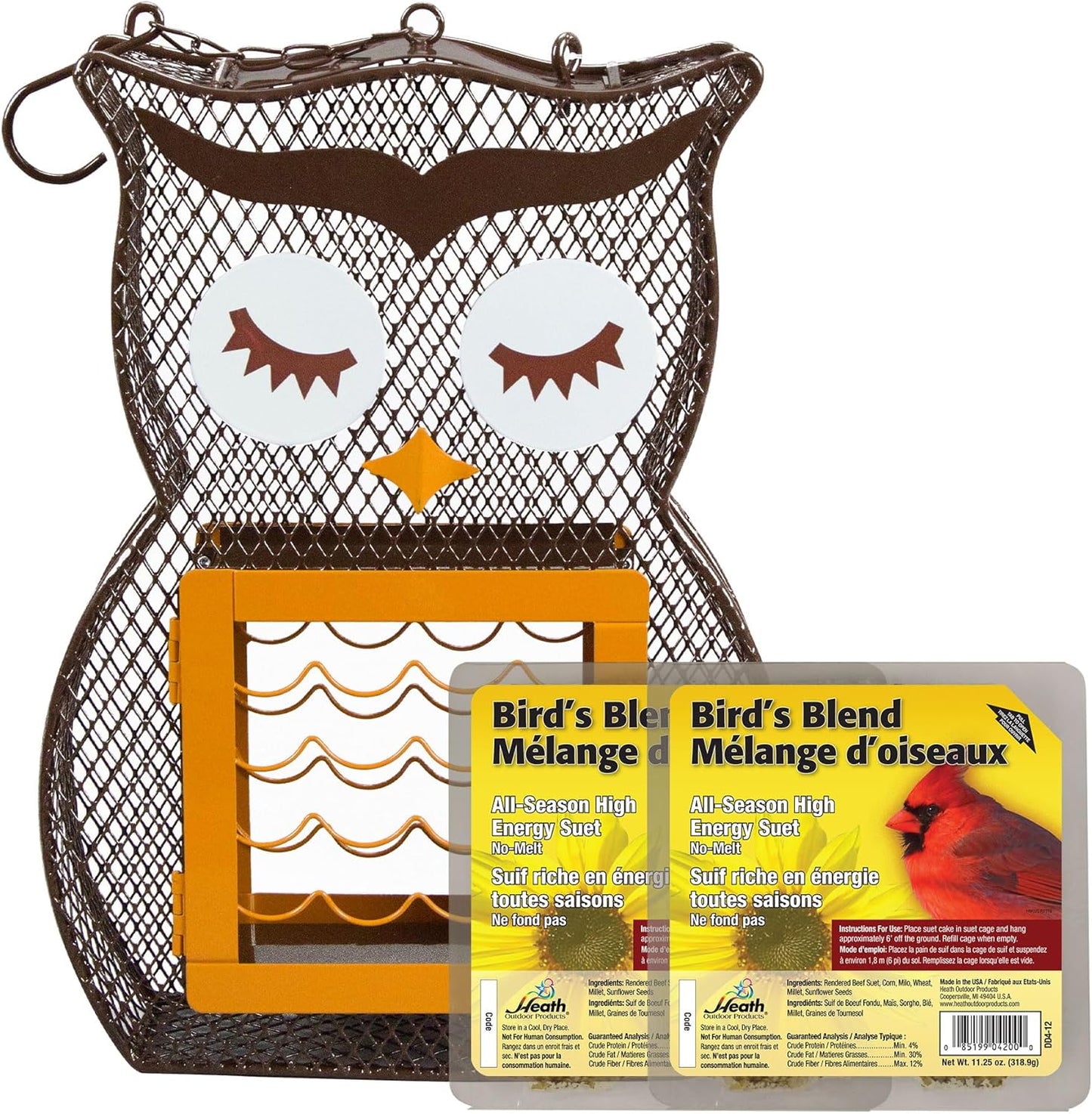 Heath Whimsical OWL Suet 'n Seed Bird Feeder for Sunflower Seeds with 2 Free Bird's Blend Suet Cakes Included