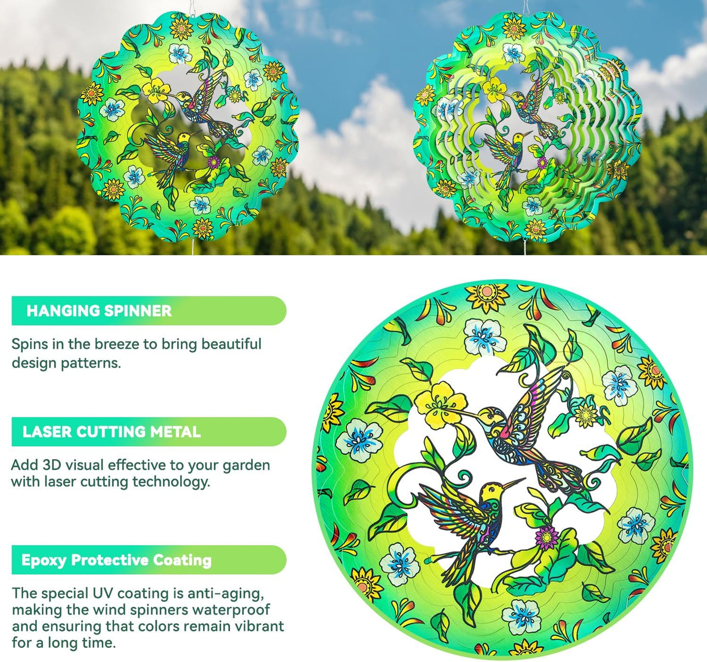 Charming Hummingbird Wind Spinner-12 Inch Stainless Steel Decoration for Outside with Bright Colors, Safe Edges and Unique Design, Great Gifts for Mom/Ladies, Doubles as Scare Birds Away