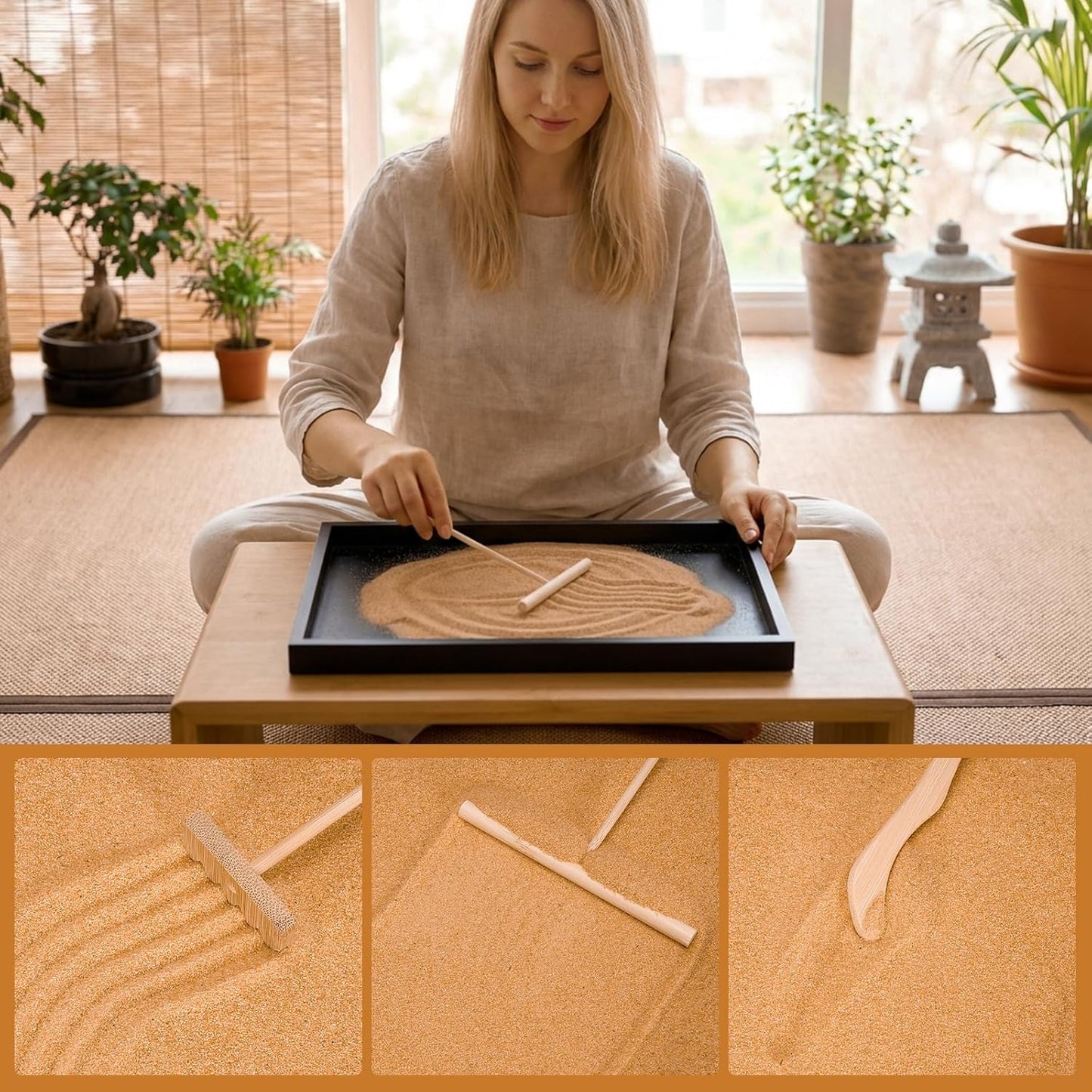 Desert Zen Garden Kit for Desk,12.6x8.6in Premium Sand Tray with 4 Artificial Features, Brown Sands, 3 Wood Tools，Mini Southwestern Desert Decor Zen Sand Garden Set for Home, Office Desk