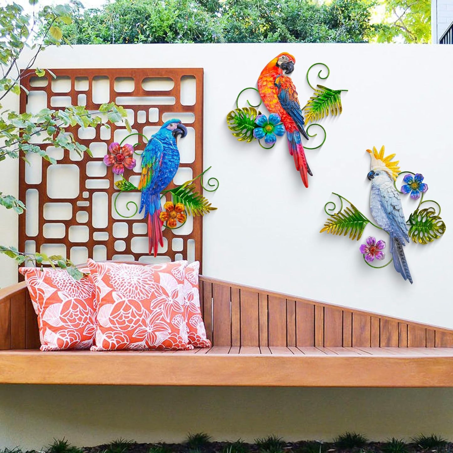 J-Fly Metal Parrots Wall Decor Outdoor Decorations for Yard Garden Dec