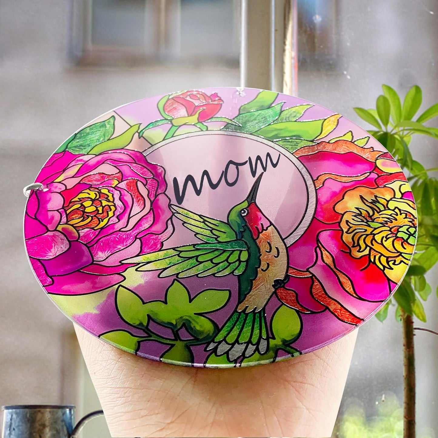 Hummingbird Gifts for Mom, Stained Glass Bird Window Hangings, Sun Catcher Ornament Hanging for Windows, Hummingbird Suncatcher for Women, Mother's Day Birthday Christmas (Suction Cup, 6in)