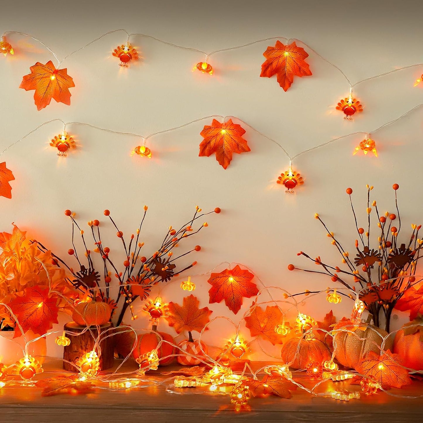 Mosoan Solar Thanksgiving Decorations Fall Garland with Enlarge Turkey Lights, Thanksgiving Lights Pumpkin Decor, 20Ft 40LED Waterproof Turkey String Lights Decoration Home Indoor Outdoor Garden