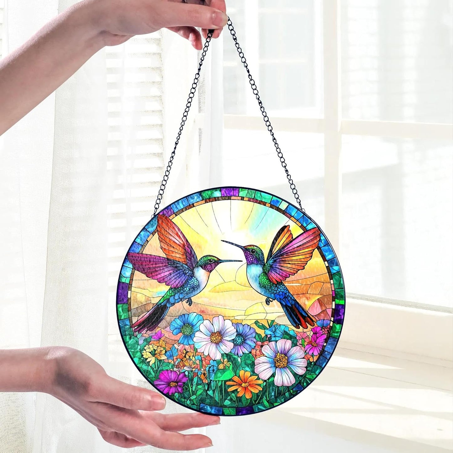 Hummingbird Suncatcher Stained Glass Window Hanging Decor, Hummingbird Gifts for Women, Birds Lovers, Spirit Birds Glass Panel Garden Decorations, Birthday Christmas for Mom, Grandma