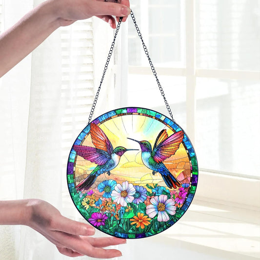 Hummingbird Suncatcher Stained Glass Window Hanging Decor, Hummingbird Gifts for Women, Birds Lovers, Spirit Birds Glass Panel Garden Decorations, Birthday Christmas for Mom, Grandma