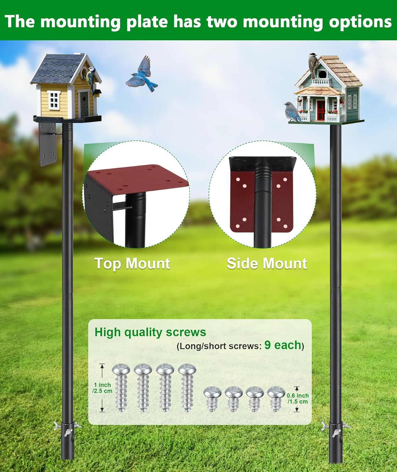 Heavy Duty Bird Feeder Pole - 73 Inch Adjustable 1 Inch Metal Bird House Pole with 14” Deep Auger Base | Outdoor Mount Kit for Bluebird Houses, Hummingbird Feeders, Smart Bird Feeder with Camera