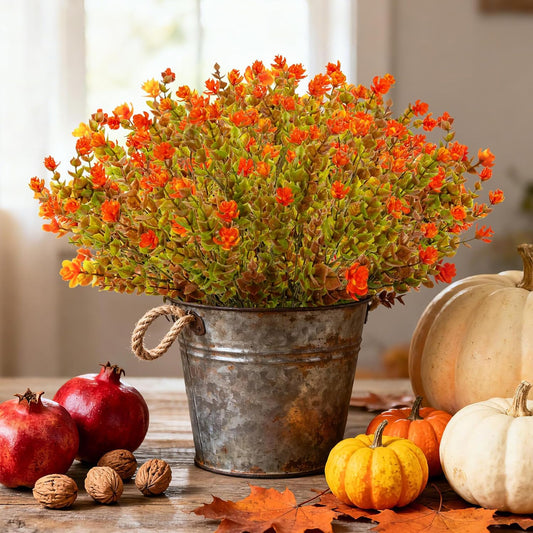 Artificial Fall Flowers for Outdoors - 4PCS Faux Autumn Plants, UV Resistant Fake Eucalyptus Stems with 84 Mini Orange Camellia for Vase Christmas Thanksgiving Wedding Party Garden Decor