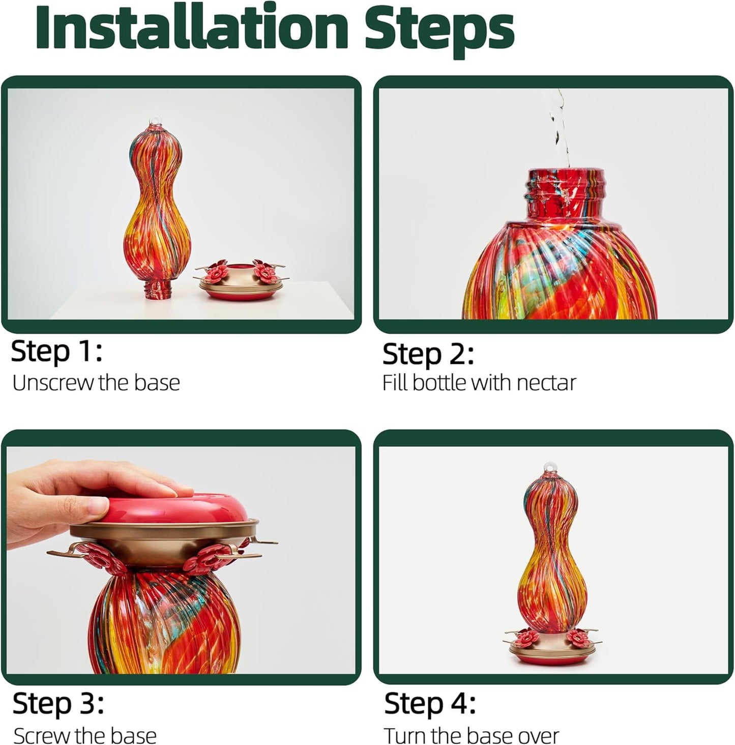 Hummingbird Feeder for Outdoors Hanging, Hand Blown Glass 24 OZ Capaci