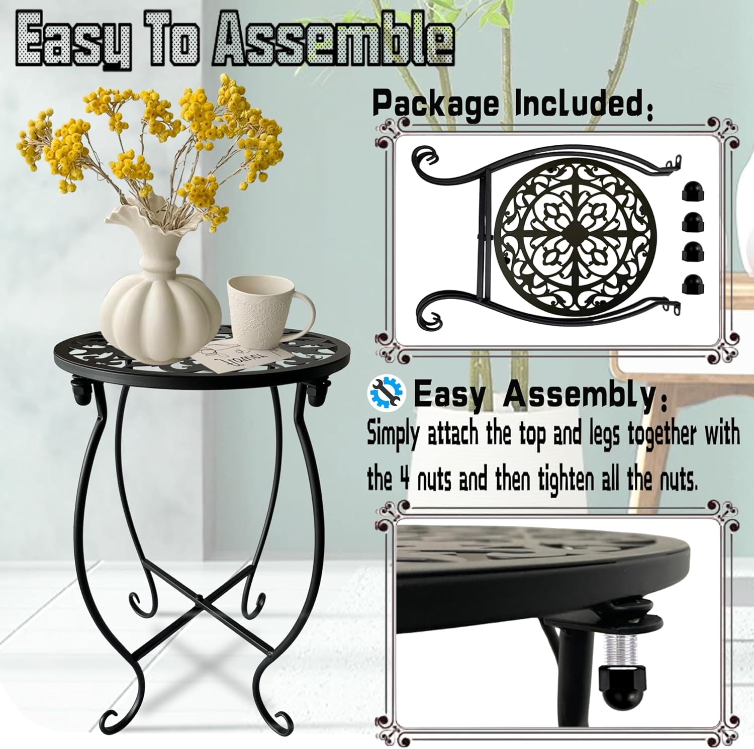 Plant Stand Indoor Outdoor, 15" Tall Flower Pot Stand, Round Metal Cor