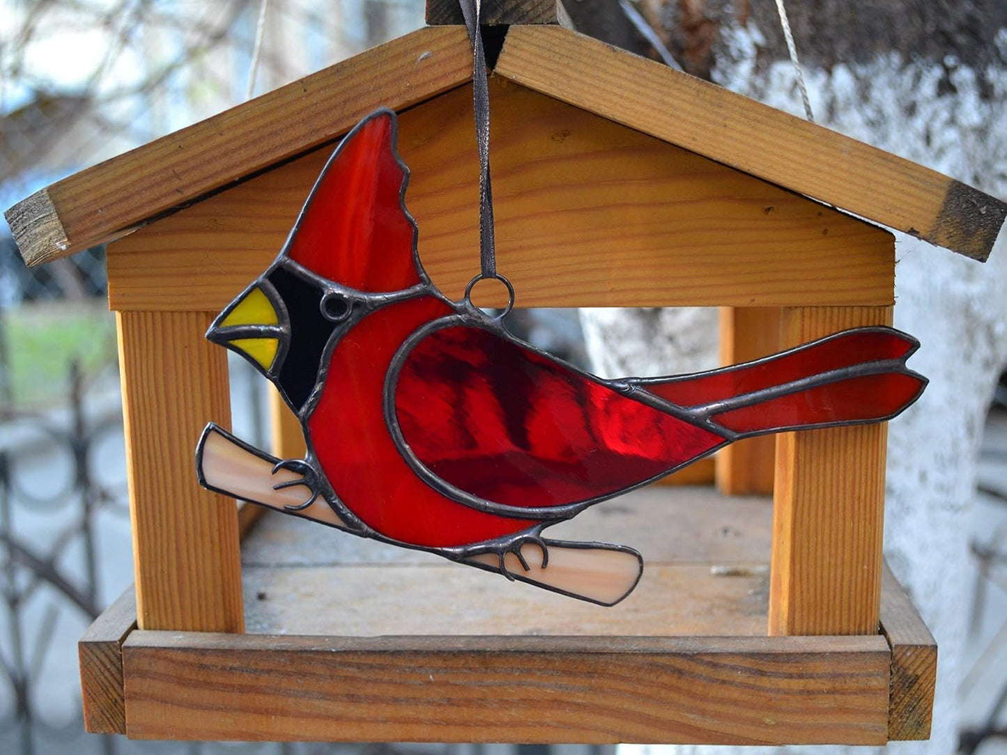 Stained Glass Red Cardinal Perched on Branch Suncatcher for Window Han