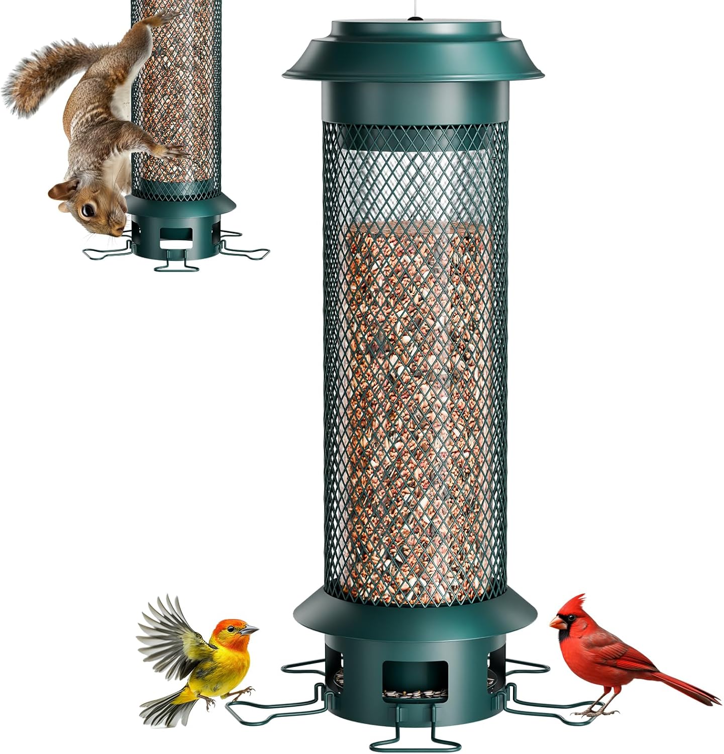 Large Squirrel-Proof Bird Feeder with Removable Tray, Weight-Activated Outer Cage, 5 Perches, 4 lb Capacity, Easy to Fill & Spill-Proof, Tube Bird Feeder for Outdoor Cardinals, Finches