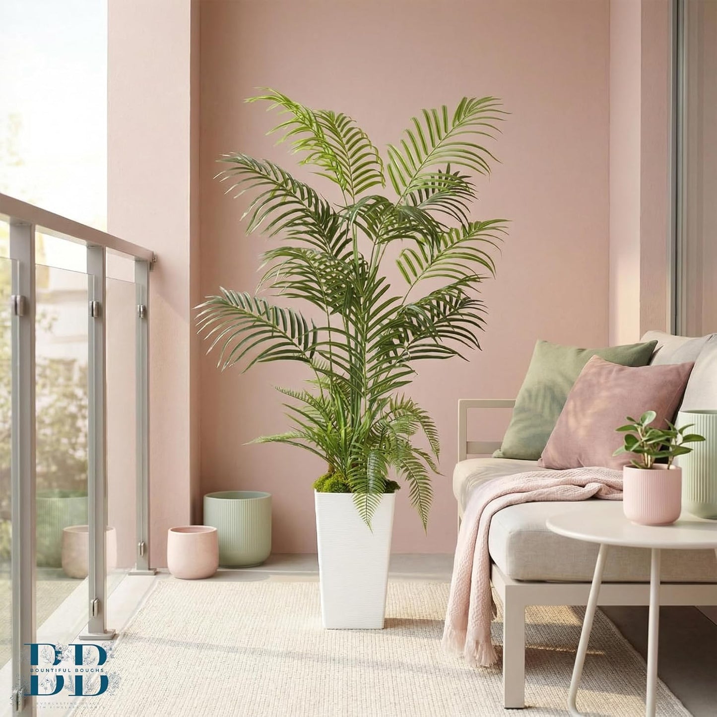 4’11” (150 cm) Areca Palm Artificial Tree with Tall White Pot, Grass & Moss – Lifelike Natural Look, Maintenance-Free Indoor & Outdoor Plant for Home, Office, Balcony & Patio