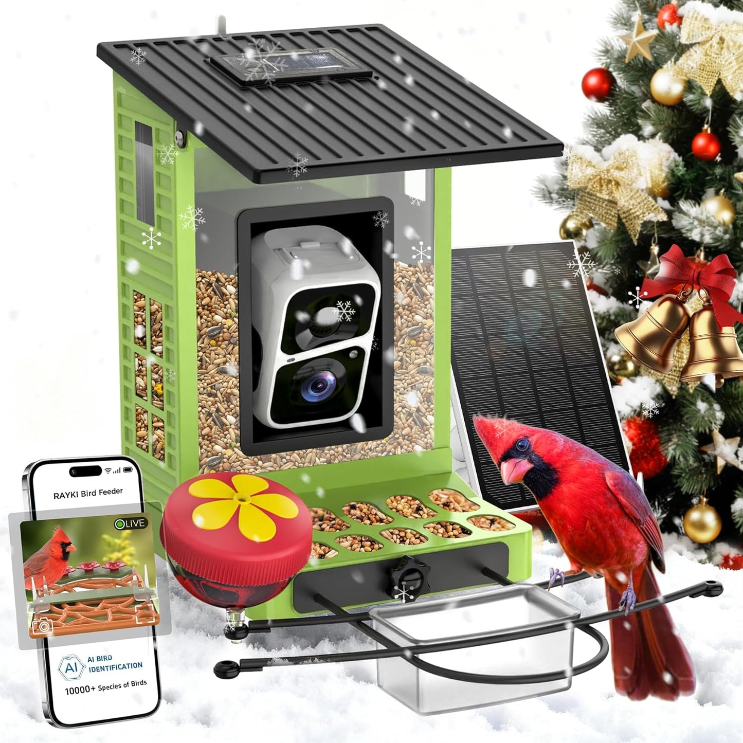 Rayki Metal Solar Powered Smart Bird Feeder with Camera, AI Identify with Solar Lights, 2K HD Cam & WiFi, Instant Arrival Alerts,Ideal Gift for Bird Lovers