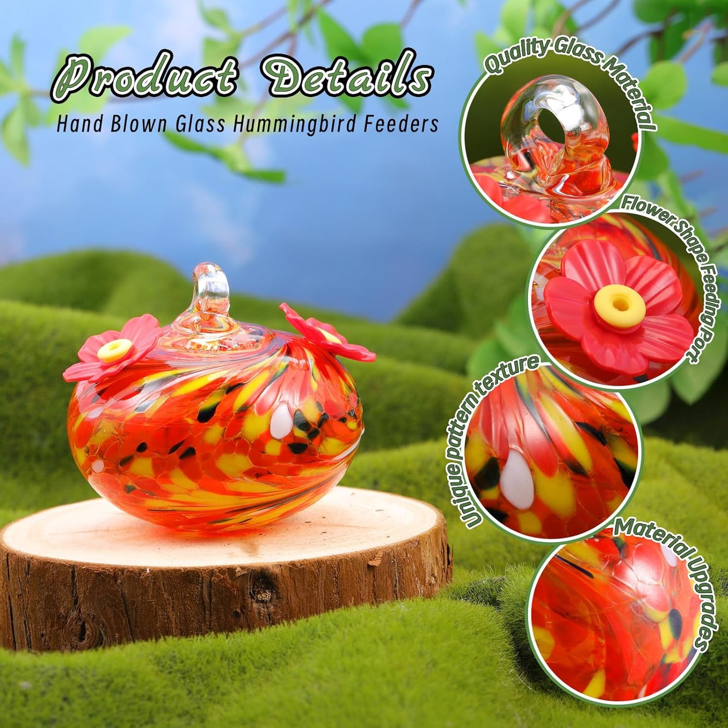 Tioncy 3 Pcs Hand Blown Glass Hummingbird Feeders for Outdoors Small Glass Humming Bird Feeder with Pinhole Syringe Ant and Bee Proof Garden Decor for Window Hanging Outside