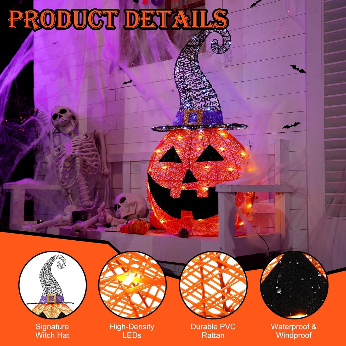 3FT Halloween Decorations Outdoor, 75 LED Pre-Lit Light Up Halloween P