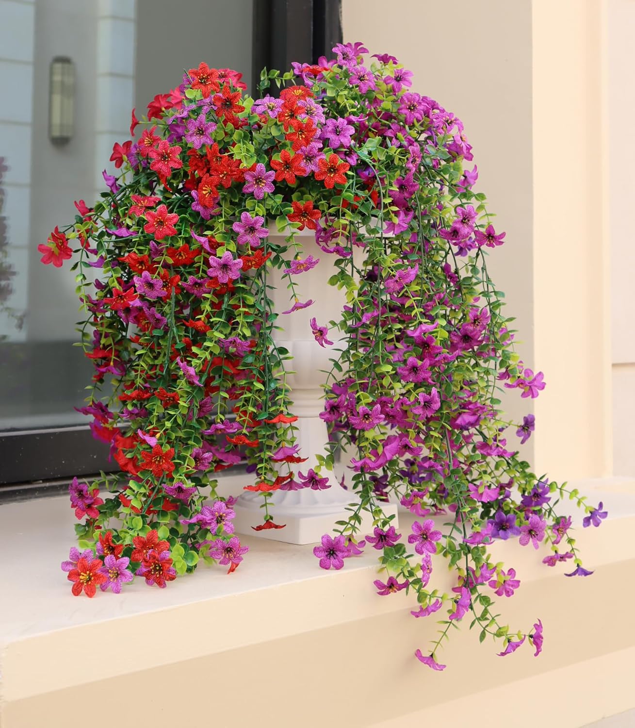 Artificial Hanging Flowers for Outdoors, 4 Pack Fake Hanging Plant for Spring Summer Decor, UV Resistant Faux Silk Flower for Planter Porch Patio Balcony Yard Decoration ( Light Purple & Rose Red)