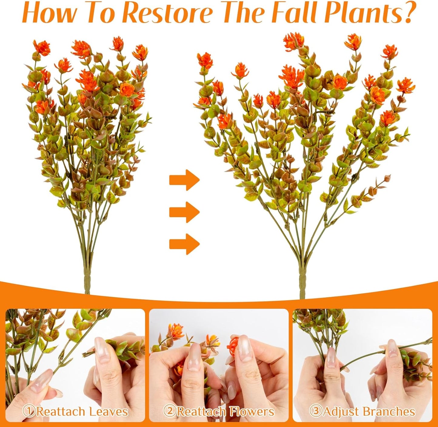Artificial Fall Flowers for Outdoors - 4PCS Faux Autumn Plants, UV Resistant Fake Eucalyptus Stems with 84 Mini Orange Camellia for Vase Christmas Thanksgiving Wedding Party Garden Decor