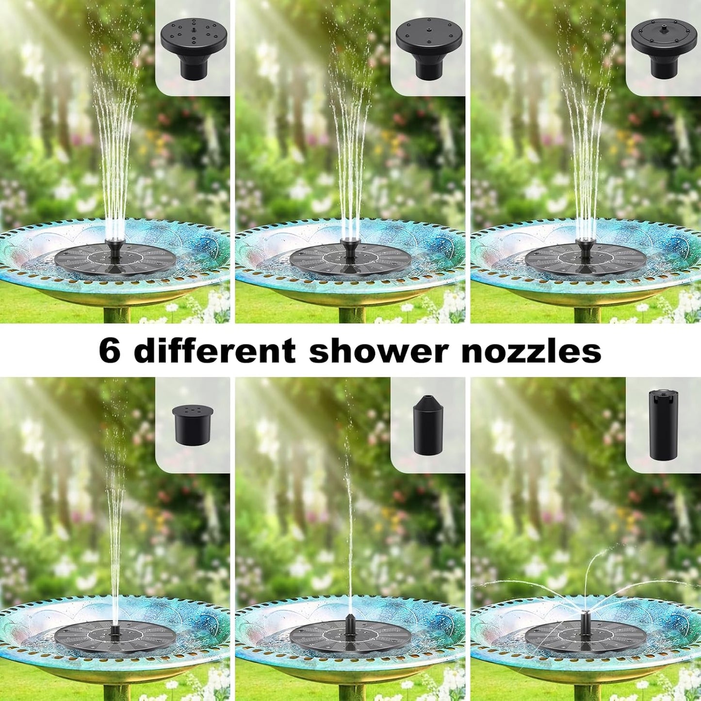 Solar Water Fountains,Solar Powered Bird Bath Fountain with 6 Nozzles - Free Standing Floating Solar Fountains for Bird Bath, Garden, Pond, Pool (Black-1.4W)