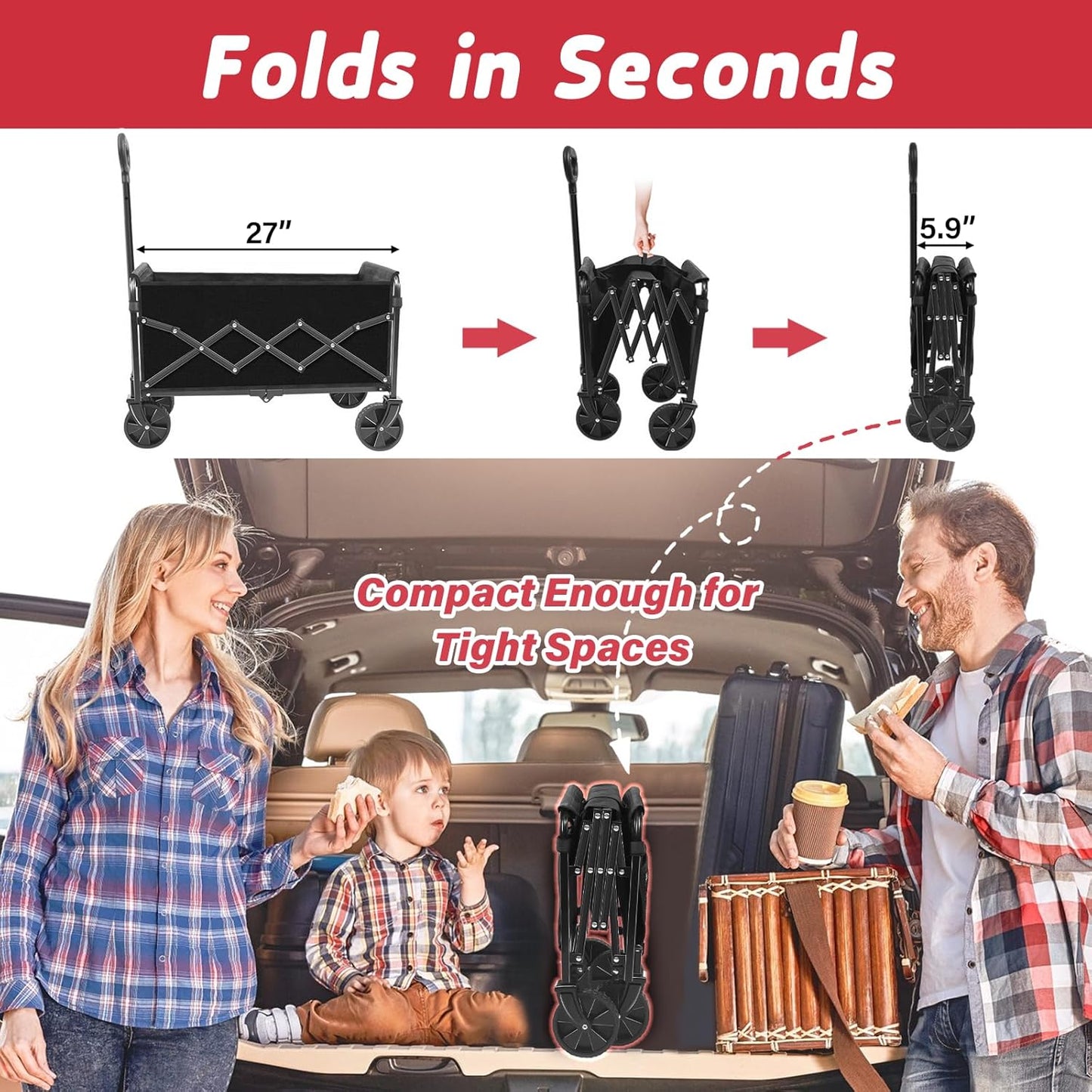 Wagons Carts Foldable - Collapsible Wagon Cart - Foldable Wagon Cart with Wheels - Folding Wagon Cart - Lightweight Portable Folding Utility for Beach Camping Sports Garden, 330 LBS Capacity/Black