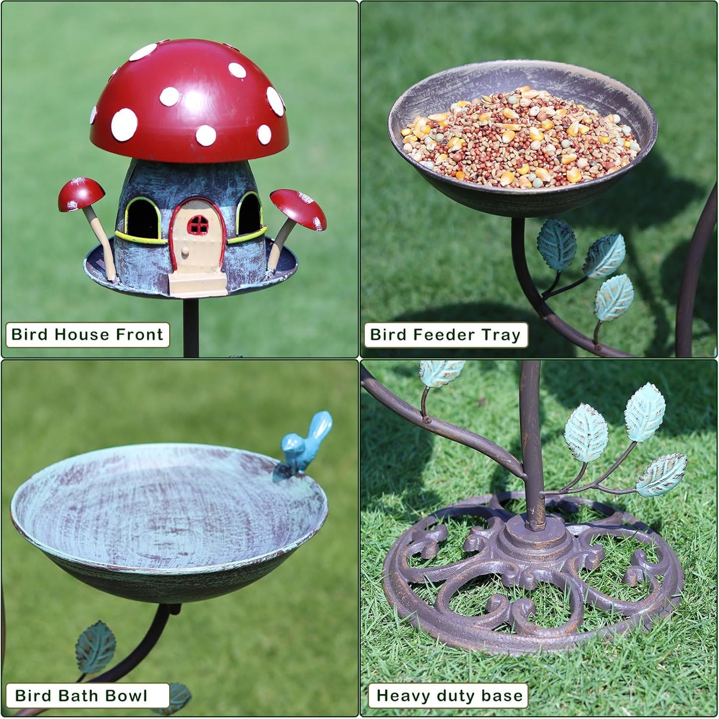 38" H Cast Iron Pedestal Bird Bath, BirdBaths for Outdoors with Metal Birdhouse Birdfeeder 3-in-1, Garden Yard Lawn Decor