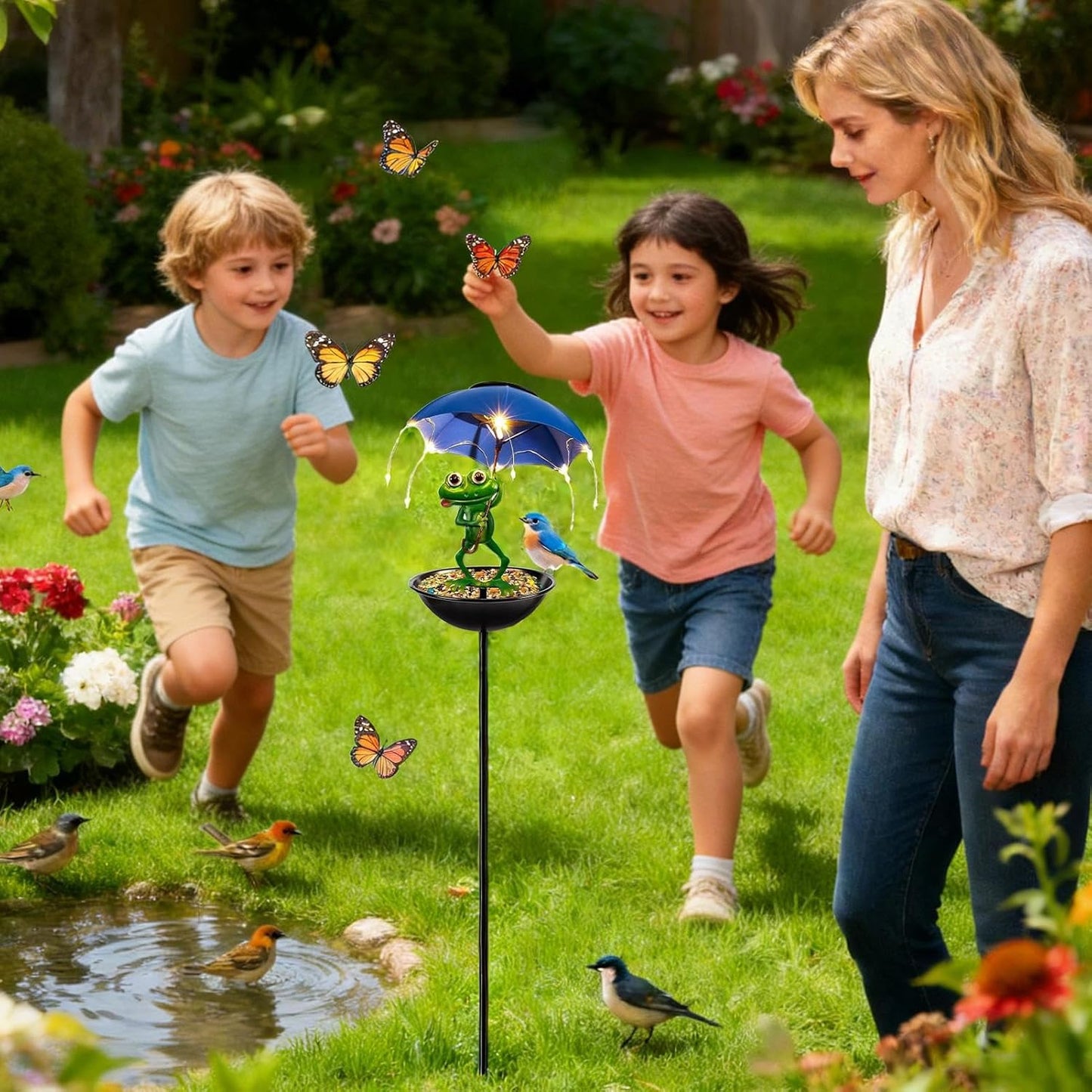 Decorative Solar Bird Feeder, Frog Design Stake Feeder, Outdoor Bird Feeders with Easy Install Feature, Garden Backyard Balcony Feeders for Patio Ground, Home Landscape Stake, Wildlife Accessory