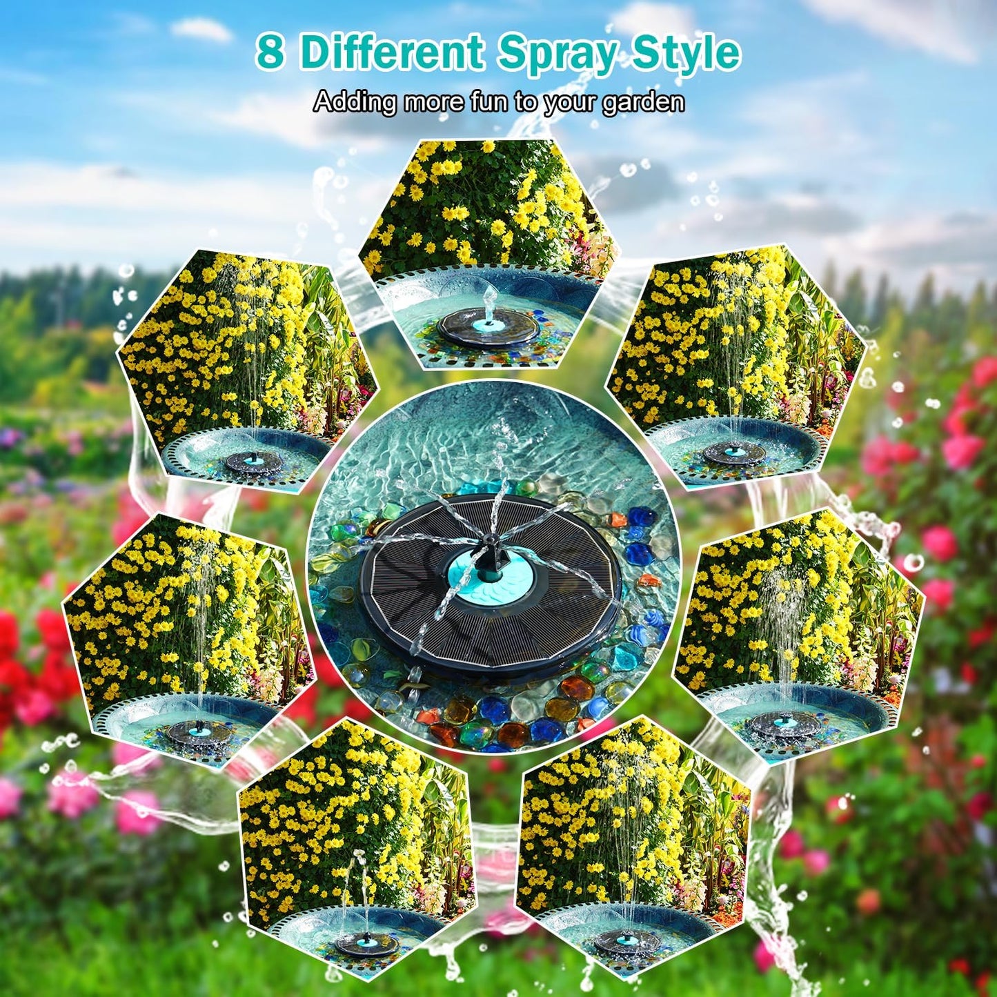 Solar Fountain Cyan Flower, Upgrade 3.5W Solar Bird Bath Fountains, Solar Powered Water Fountain with 7 Nozzles, 4 Fixed Pipes for Hummingbirds, Bird Bath, Garden, Pool, and Pond