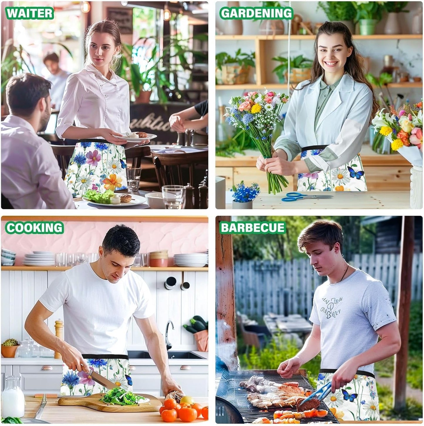 Server Apron with 3 Pockets Waist Apron Waterproof Half Cleaning Work 