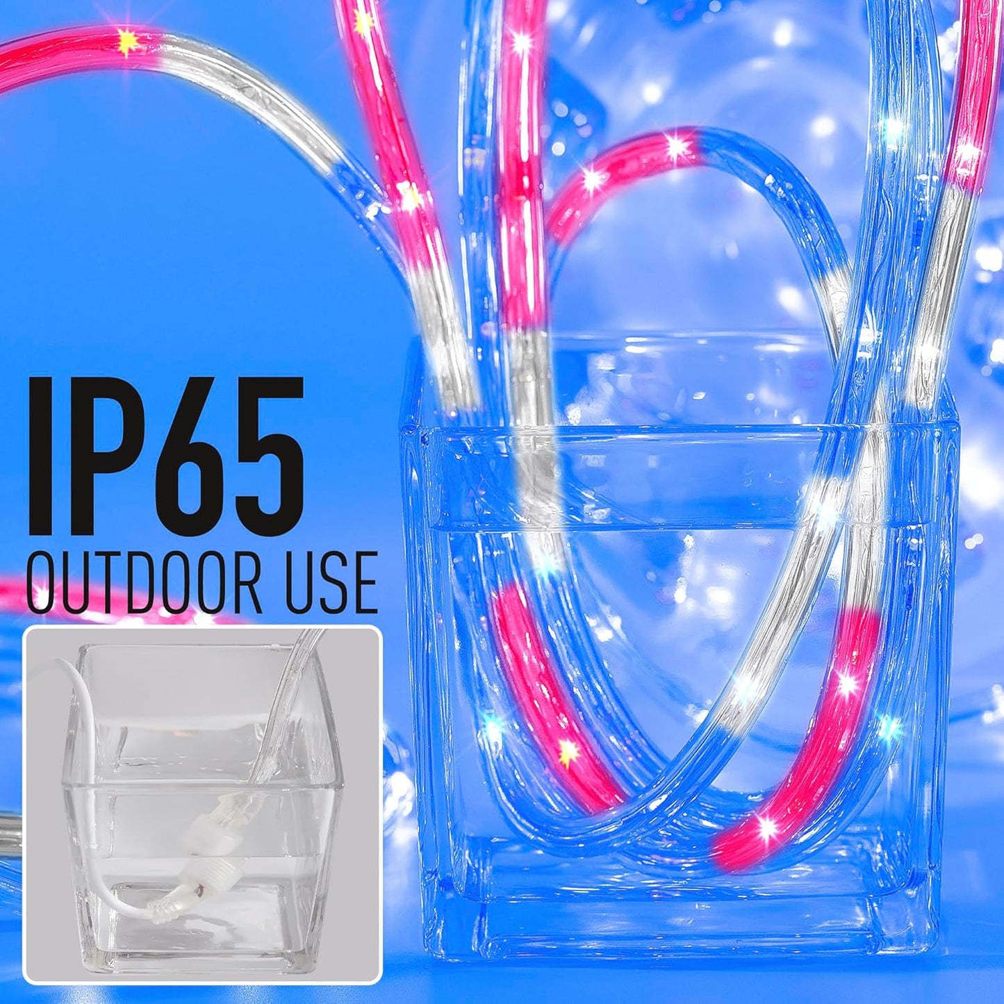 Waterproof LED Rope Lights, Connectable & Flexible with 8 Modes, Outdoor Lighting for Deck, Garden, Pool, Patio & Christmas Decor (Red/Blue/White, 100ft)