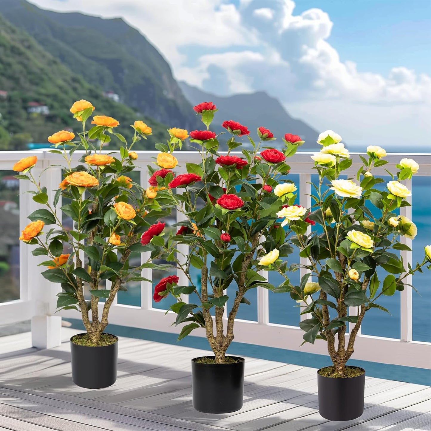 Artificial Camellia Tree, 3FT Yellow Fake Tree Blooming Camellia Flower Plant for Spring Home Front Door Outdoor Indoor Decoration