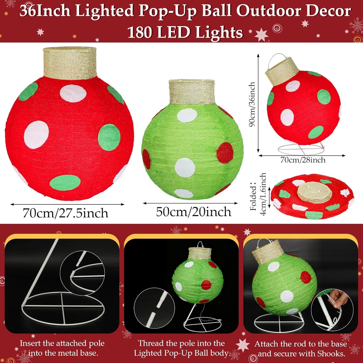 2 PCS Large Pop-Up Christmas Ball Ornaments Outdoor Decorations with B