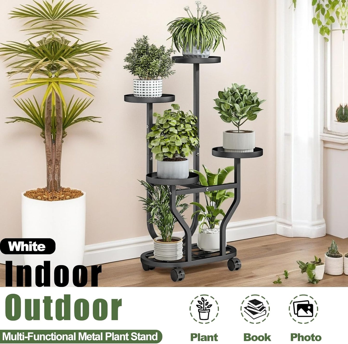 Plant Stand Indoor Outdoor 4 Tier Flower Holder with Wheels Metal Plan