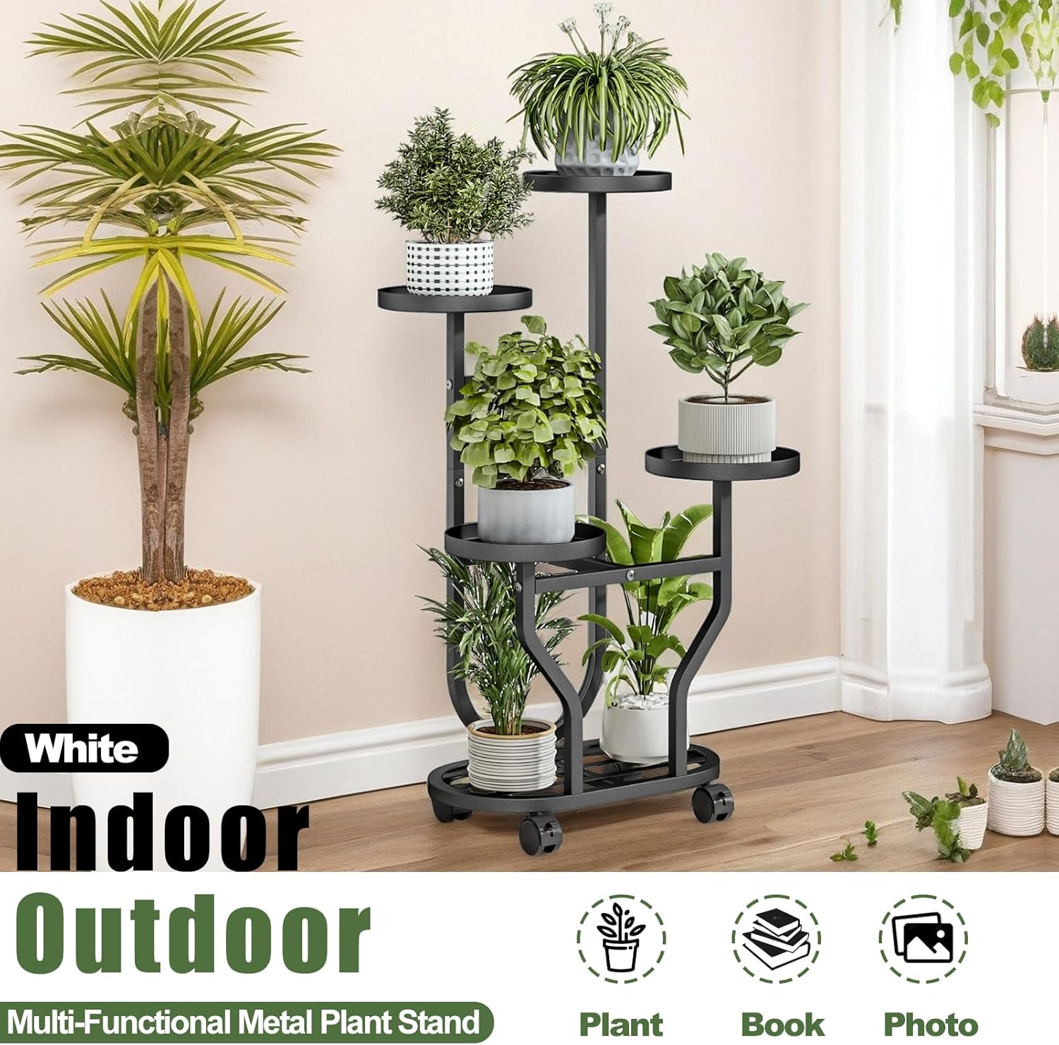 Plant Stand Indoor Outdoor 4 Tier Flower Holder with Wheels Metal Plan