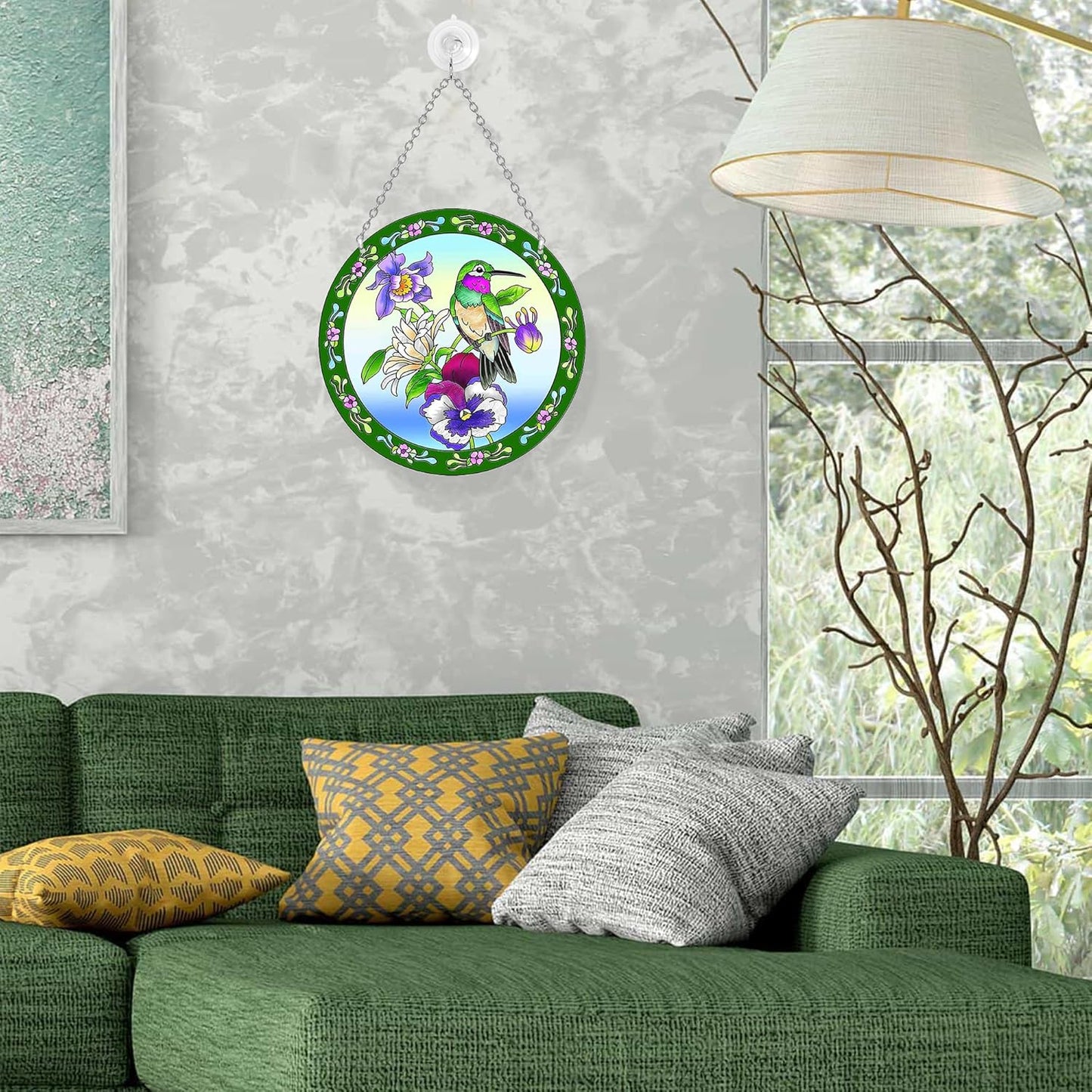Hummingbird Stained Glass Suncatcher Round, Window Hanging with Chain & Hook, Gift-Boxed Floral Bird Window Decor, Gift for Mom & Grandma (8.6in)