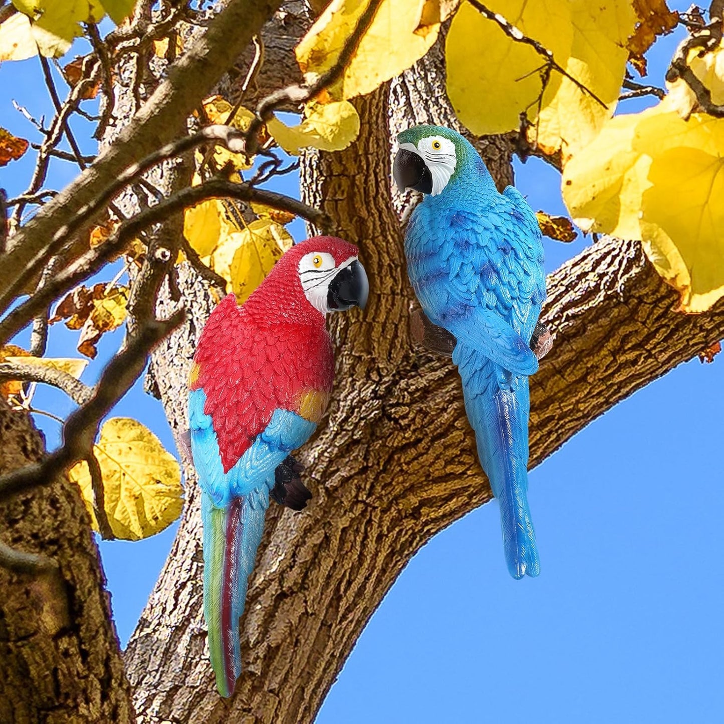 2 Pieces Parrot Decor Outdoor Tiki Bar Decorations Large Realistic Parrot Statues for Outside Lifelike Bird Sculptures Garden Patio Yard Lawn Figurines for Tropical Animal Tree Wall (Red,Blue)