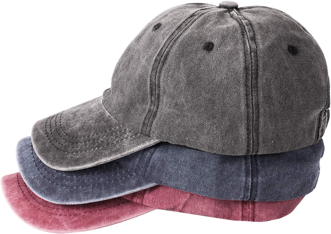 3 Packs Washed-Cotton Plain Baseball Cap, Vintage Adjustable Dad Hats 